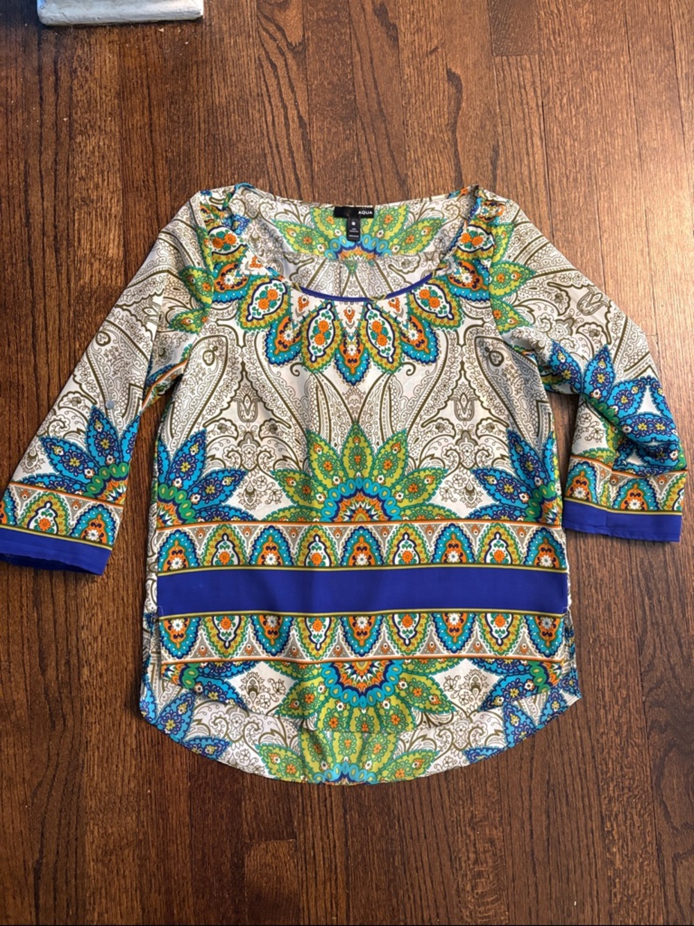 Aqua Multicolor Paisley Scoop Neck Tunic, Women Size XS